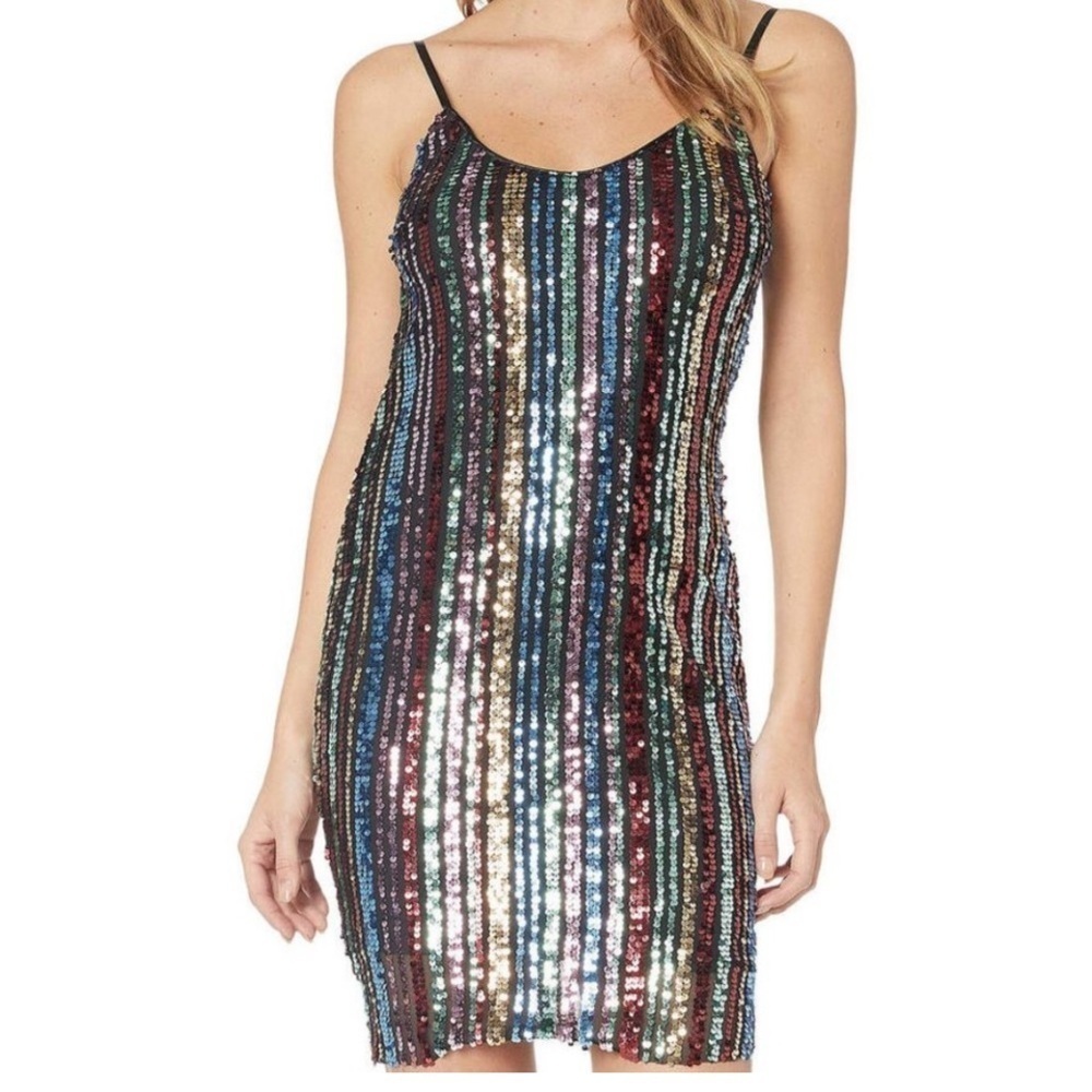 Bebe Rainbow dress Sequin Sheath cowl Draped Back small Stretchy Black NEW